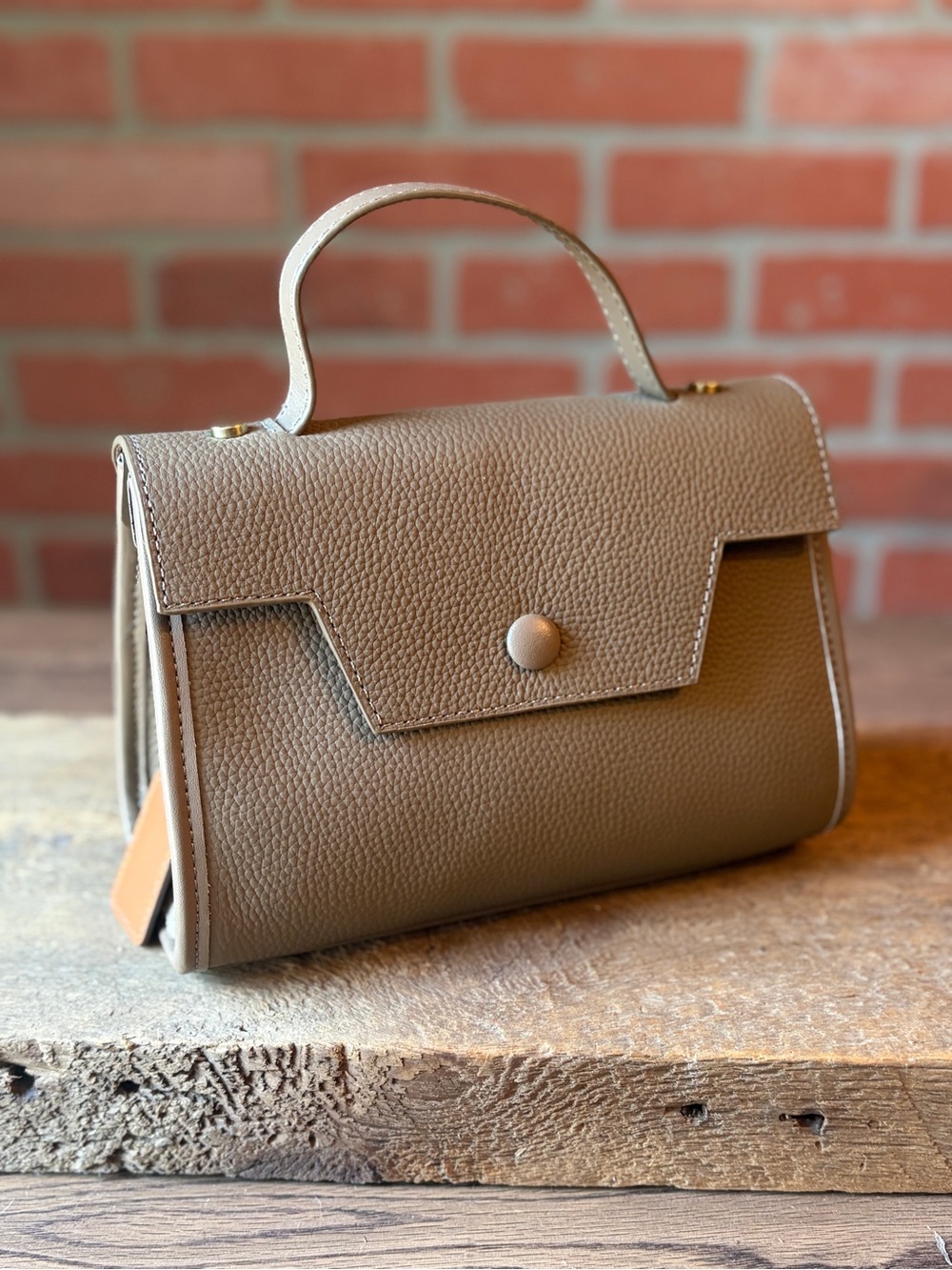 Luxury Style Top Handle Bag - Taupe Leather Purse with Custom Logo & Bear Tag
